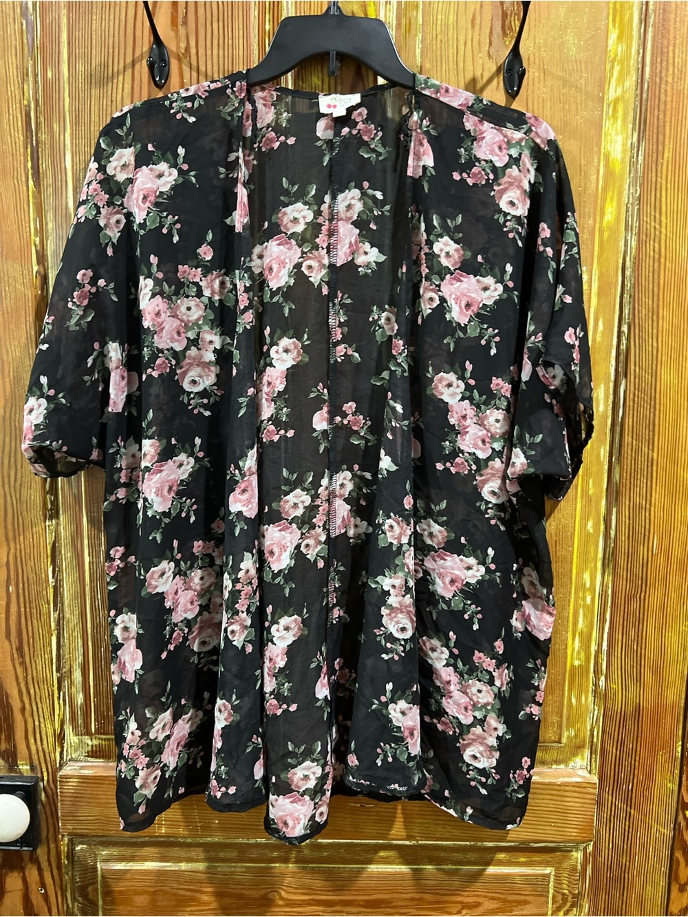 Women’s Black Floral Open Kimono with Pink Rose Print